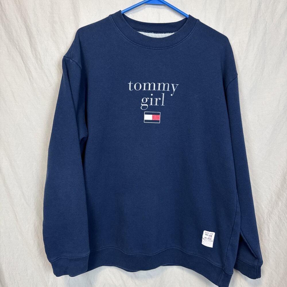 VTG Womens LARGE Tommy Hilfiger Tommy Girl Spellout Crewneck Sweatshirt Pullover